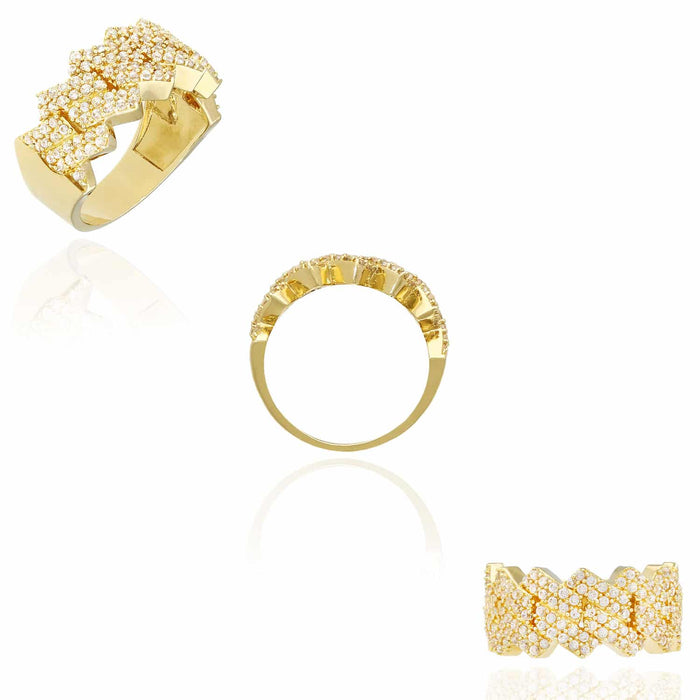 14K Yellow Gold CZ Micro Pave Four Prong Edge Miami Cuban Ring