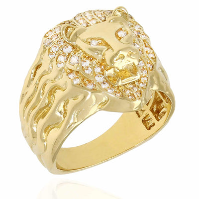 14K Yellow Gold CZ Lion Face Signet Ring