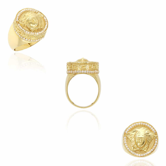 14K Yellow Gold CZ Medusa Head Greek Key Signet Ring