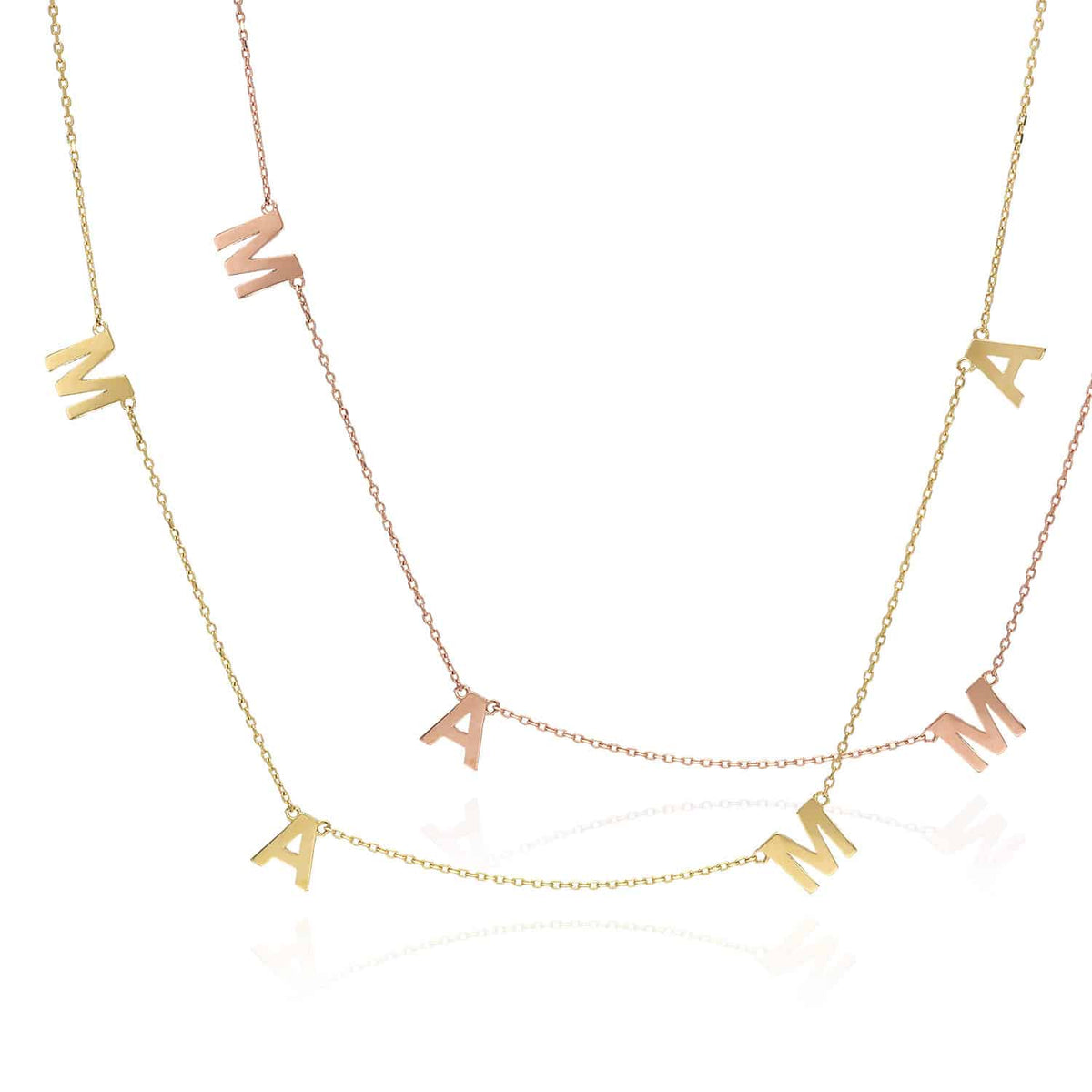 14K Yellow/Rose Gold Dainty MAMA Charm Necklace (Solid Links) 16"-18" Adjustable