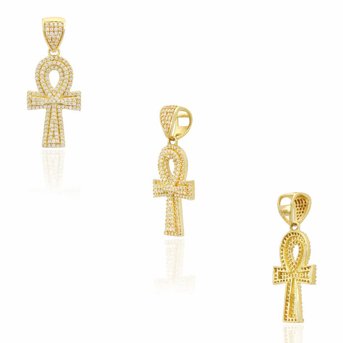 14K Yellow Gold CZ Pave Ankh Cross Pendant 1.26"