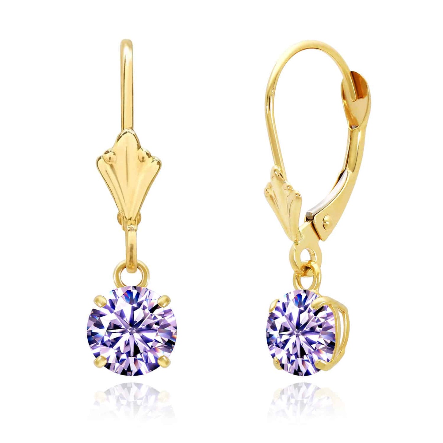 14K Gold Round Solitaire Gem Simulated Birthstone Leverback  Earrings
