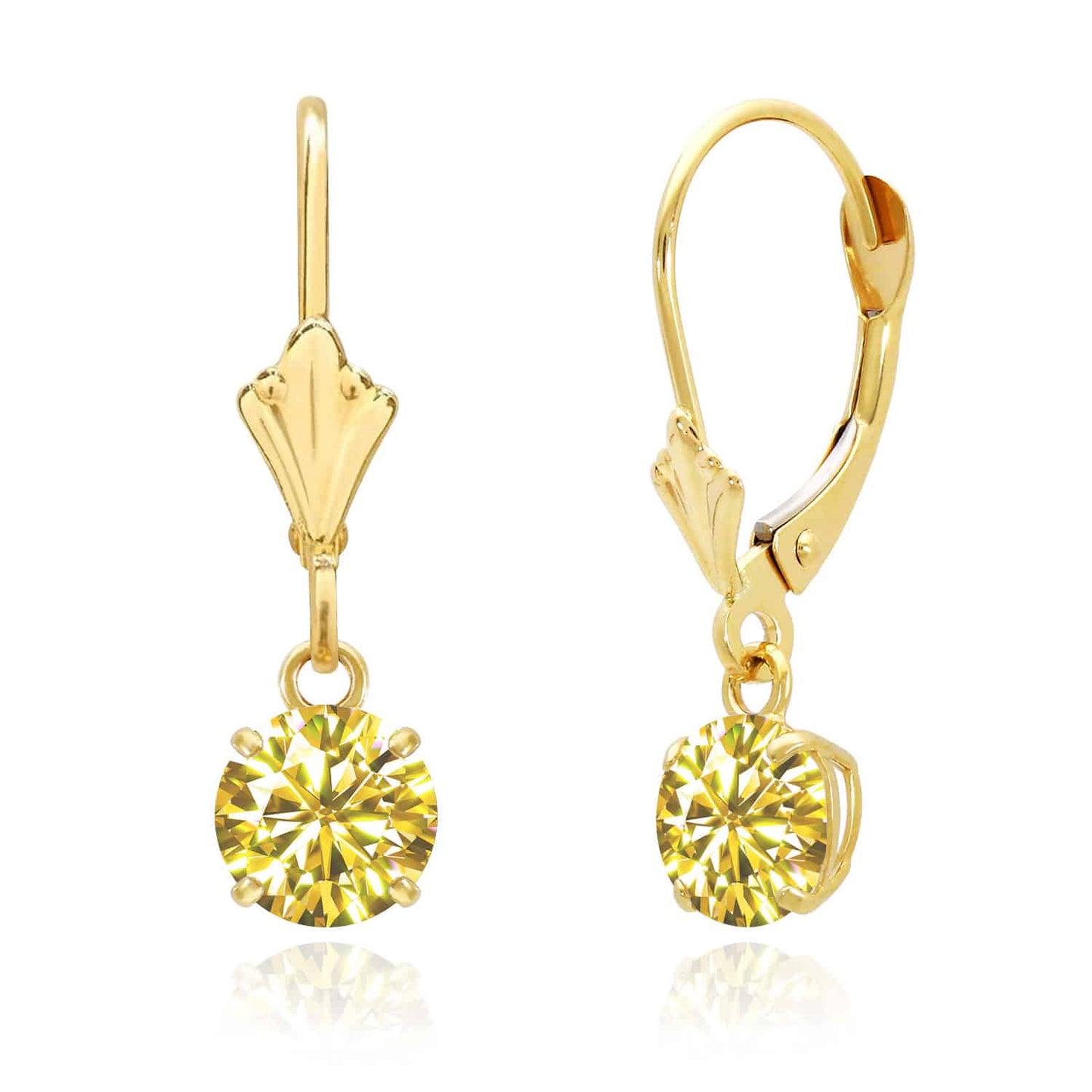 14K Gold Round Solitaire Gem Simulated Birthstone Leverback  Earrings
