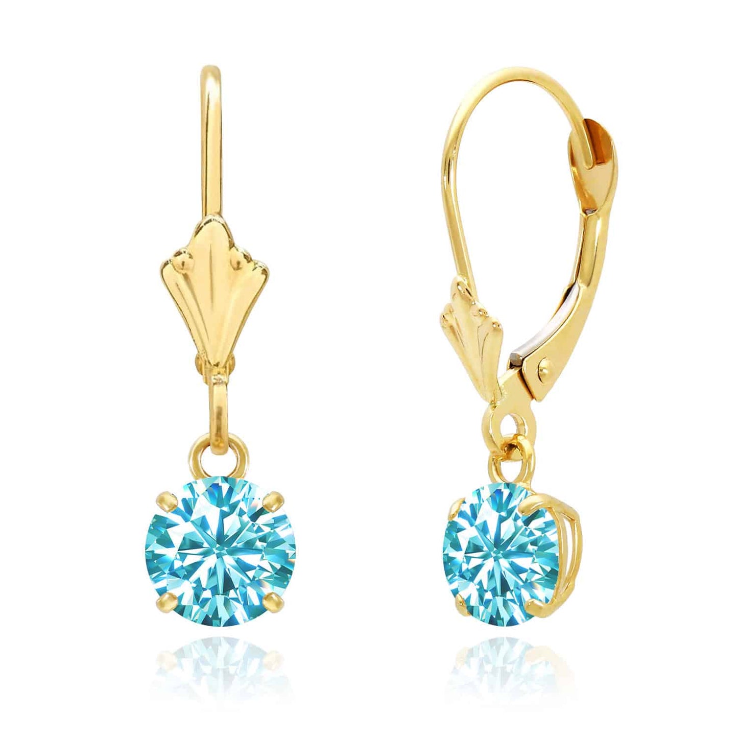 14K Gold Round Solitaire Gem Simulated Birthstone Leverback  Earrings