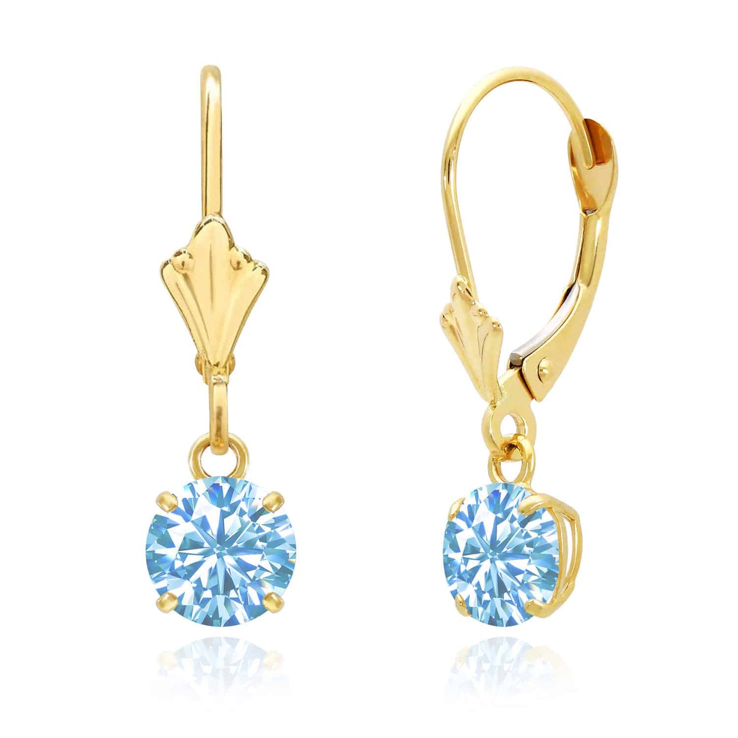14K Gold Round Solitaire Gem Simulated Birthstone Leverback  Earrings