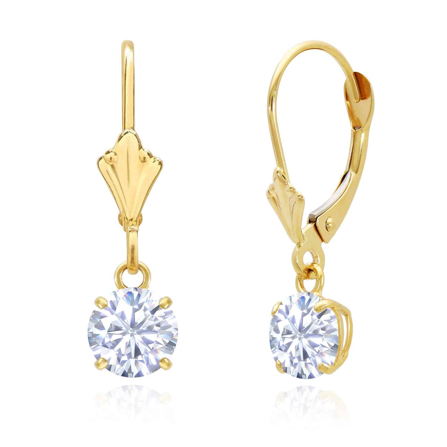 14K Gold Round Solitaire Gem Simulated Birthstone Leverback  Earrings