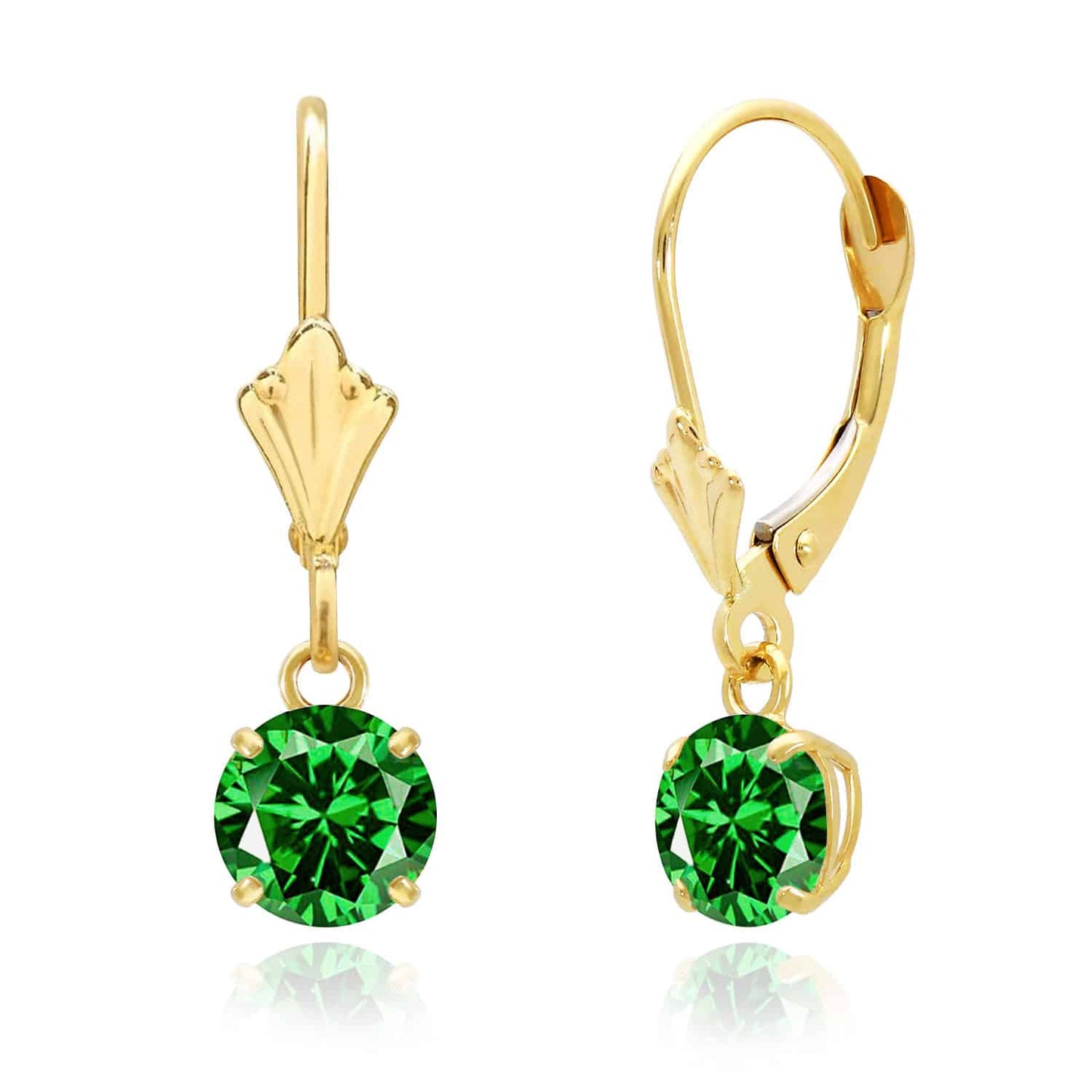 14K Gold Round Solitaire Gem Simulated Birthstone Leverback  Earrings