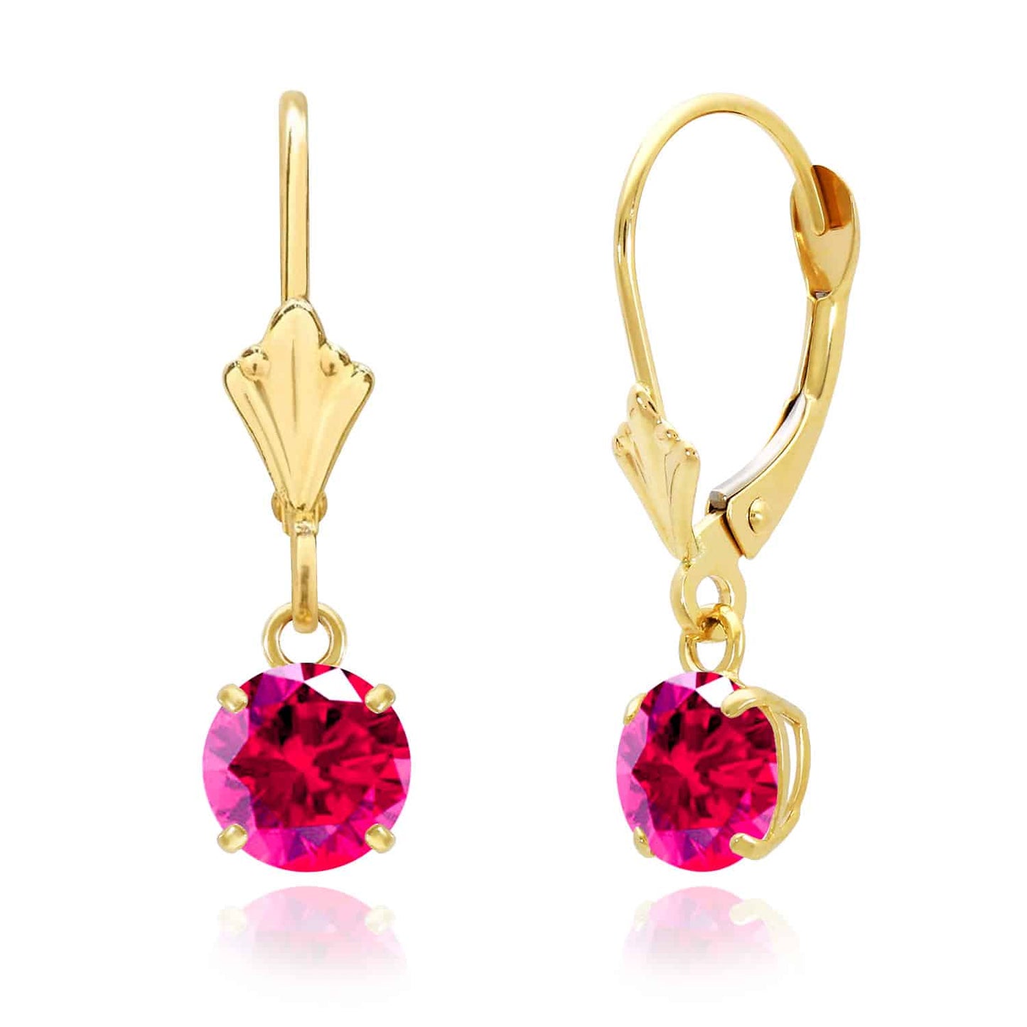 14K Gold Round Solitaire Gem Simulated Birthstone Leverback  Earrings