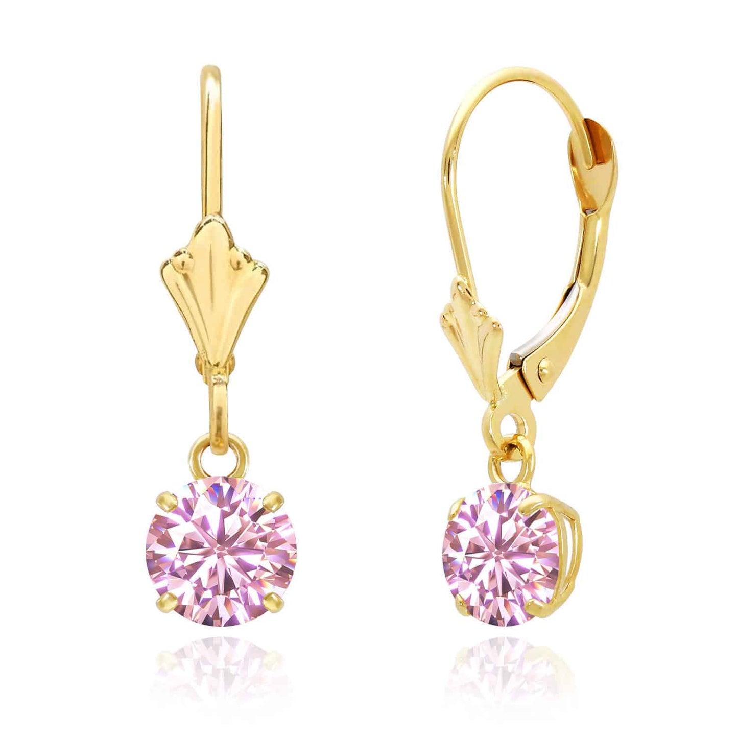 14K Gold Round Solitaire Gem Simulated Birthstone Leverback  Earrings