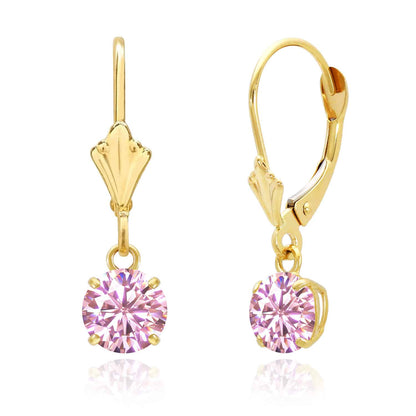 14K Gold Round Solitaire Gem Simulated Birthstone Leverback  Earrings