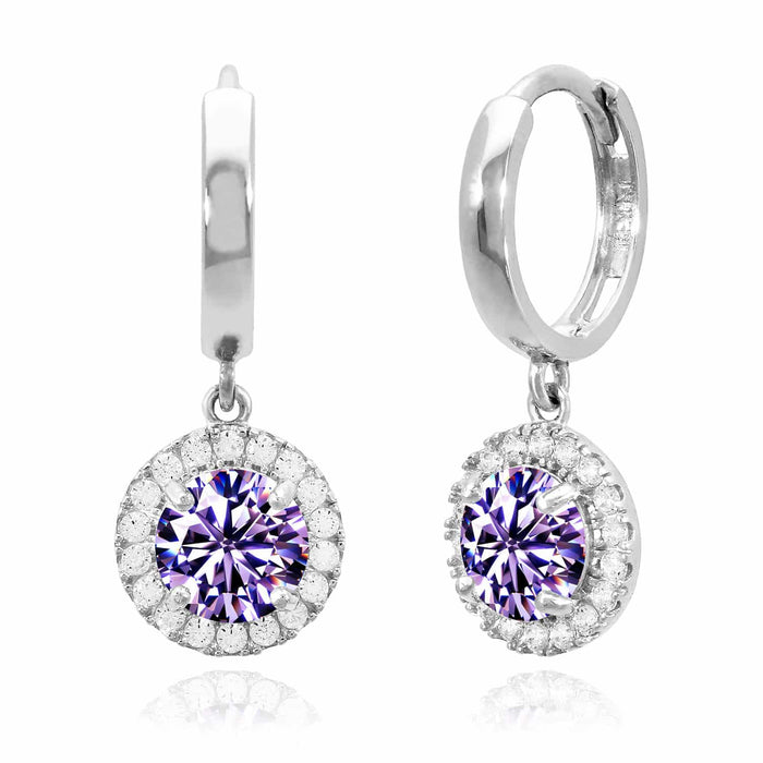 14K White Gold Halo Dangling CZ Gemstone Huggie Hoop Earrings