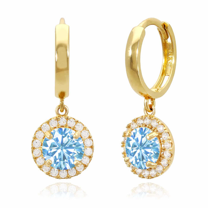 14K Yellow Gold Halo Dangling CZ Gemstone Huggie Hoop Earrings