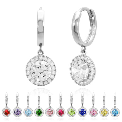 14K White Gold Halo Dangling CZ Gemstone Huggie Hoop Earrings