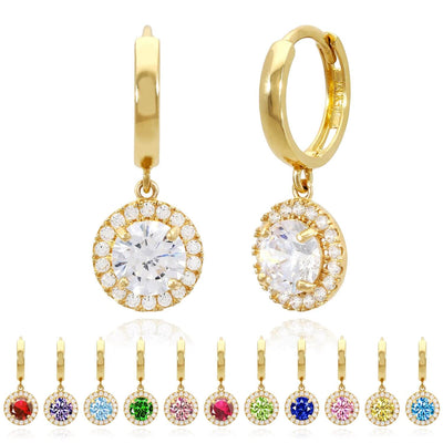 14K Yellow Gold Halo Dangling CZ Gemstone Huggie Hoop Earrings
