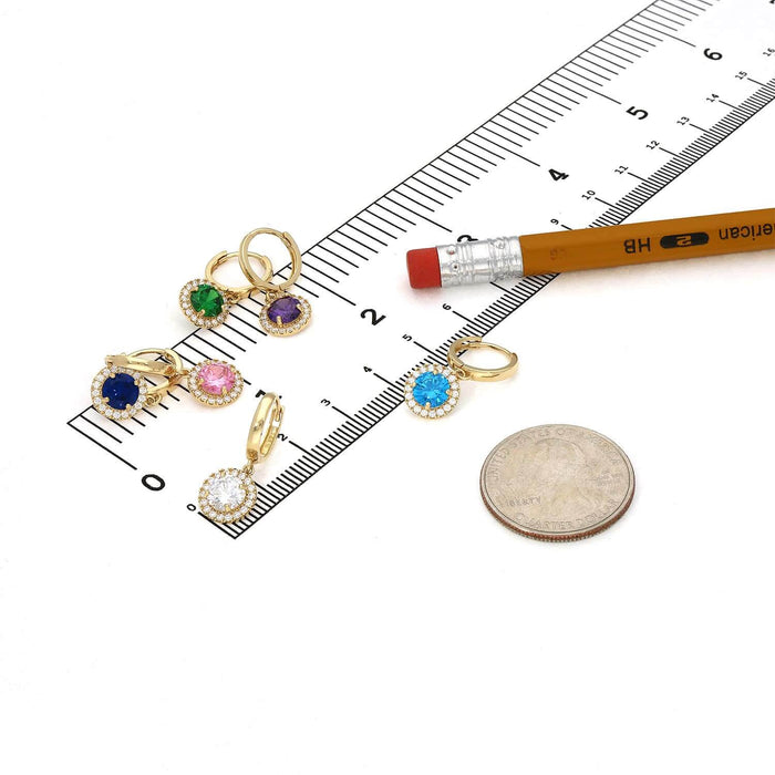 14K Yellow Gold Halo Dangling CZ Gemstone Huggie Hoop Earrings
