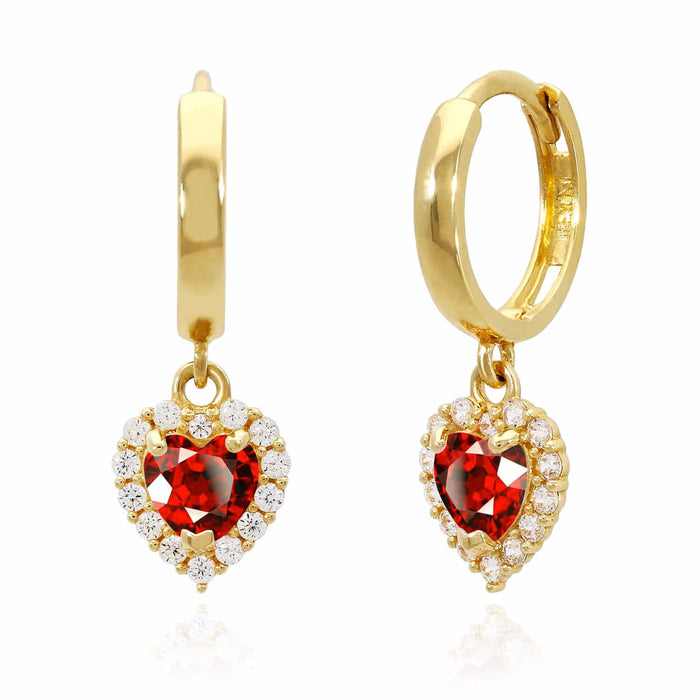 14K Yellow Gold Halo Heart Birthstone CZ Huggie Earrings