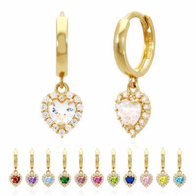 14K Yellow Gold Halo Heart Birthstone CZ Huggie Earrings