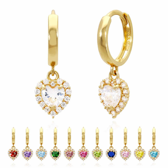 14K Yellow Gold Halo Heart Birthstone CZ Huggie Earrings