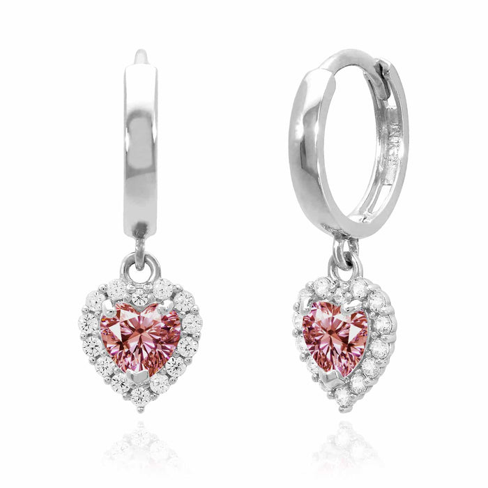 14K White Gold Halo Heart Birthstone CZ Huggie Earrings