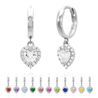 14K White Gold Halo Heart Birthstone CZ Huggie Earrings