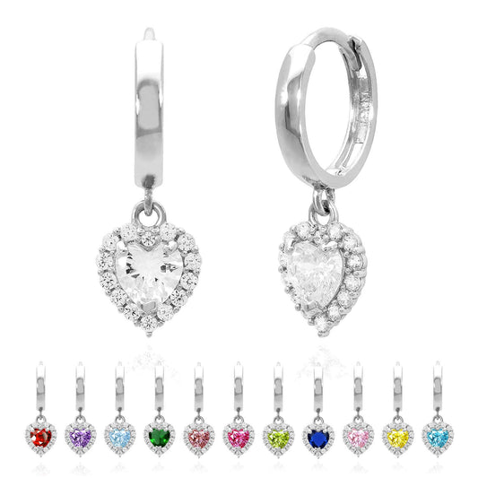 14K White Gold  Halo Heart Birthstone CZ Huggie Earrings