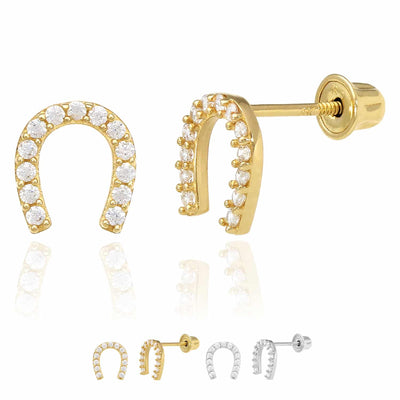 14K Yellow White Gold CZ Tiny Lucky Horseshoe Stud Earrings
