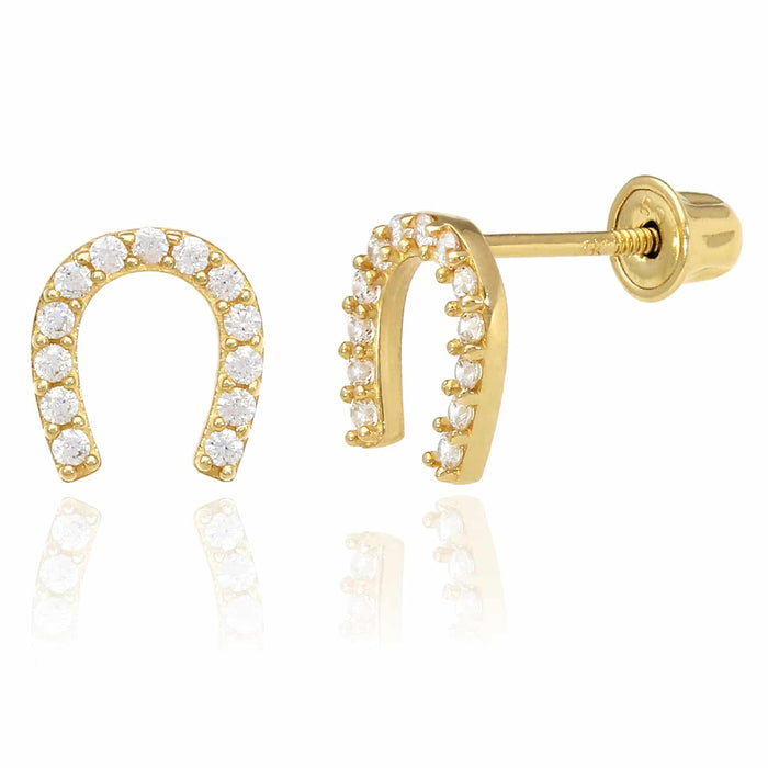 14K Yellow White Gold CZ Tiny Lucky Horseshoe Stud Earrings