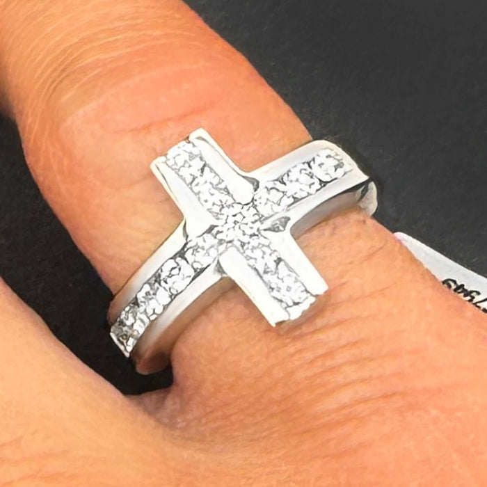 1CTW Natural Diamond 14K Solid Real Gold White Sideways Modern Cross Ring