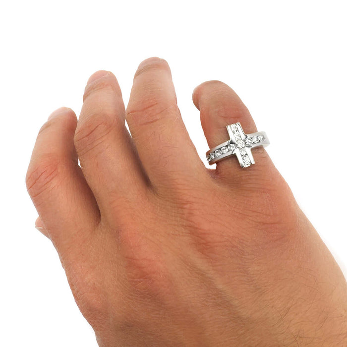 1CTW Natural Diamond 14K Solid Real Gold White Sideways Modern Cross Ring