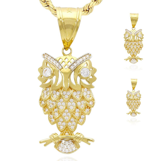 14K Yellow Gold CZ Pave Owl Charm Pendant