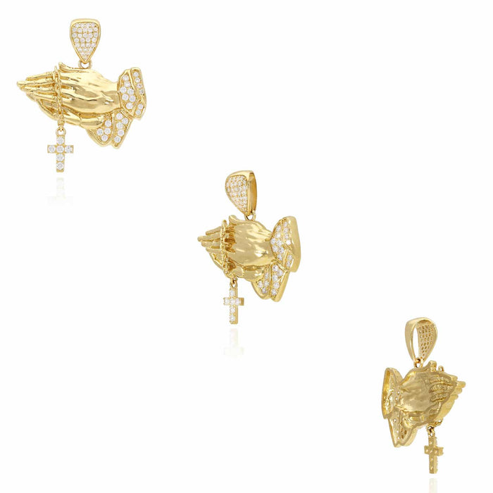 14K Yellow Gold CZ Religious Praying Hands Cross Pendant 1.36"