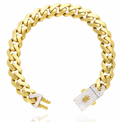 10K Yellow Gold CZ 11mm Pave Box Clasp Miami Bracelet (Hollow) 8.5"