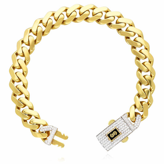 14K Yellow Gold Classic w/ Swarovski Lock 11.5mm Miami Monaco Bracelet 8.5"