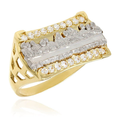 10K Gold Two-Tone CZ Religious Last Supper Signet Ring