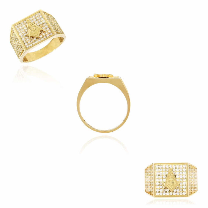 10K Yellow Gold CZ Pave Masonic Signet Ring