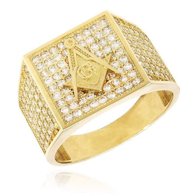 10K Yellow Gold CZ Pave Masonic Signet Ring