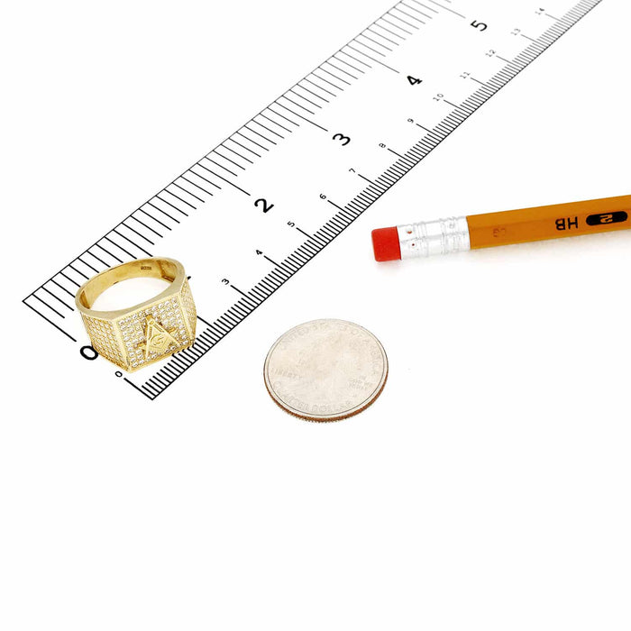 10K Yellow Gold CZ Pave Masonic Signet Ring