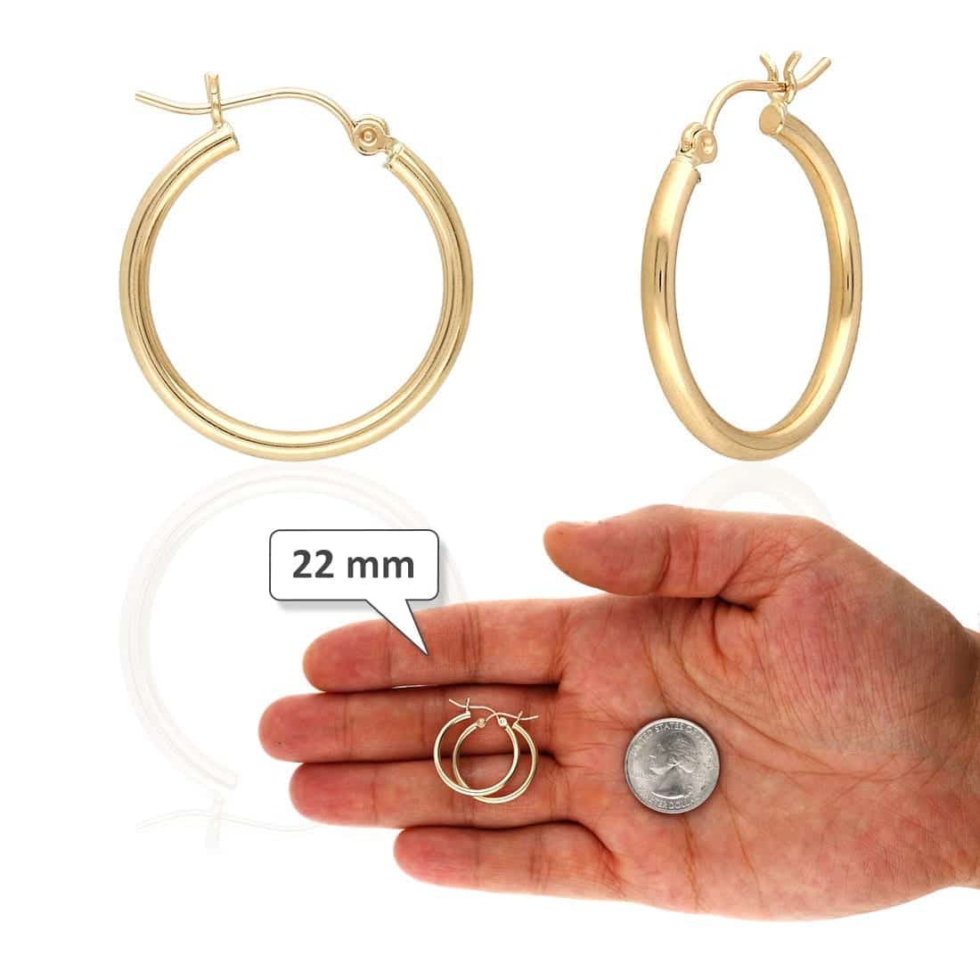 14K Yellow White Gold 2mm Round Hoop Earrings 22mm-76mm