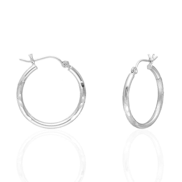 14K White Gold 2mm Diamond-Cut Round Hoop Earrings 22-76mm