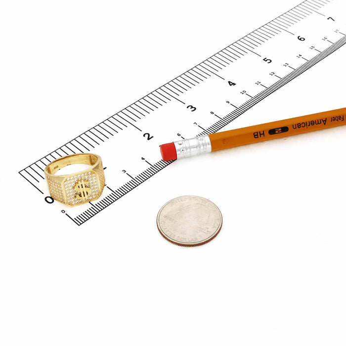 10K Gold Yellow CZ Pave Dollar Sign Signet Ring