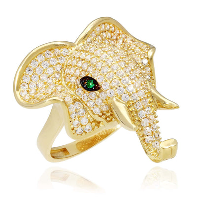 14K Yellow Gold CZ Pave Emerald Elephant Head Cocktail Ring