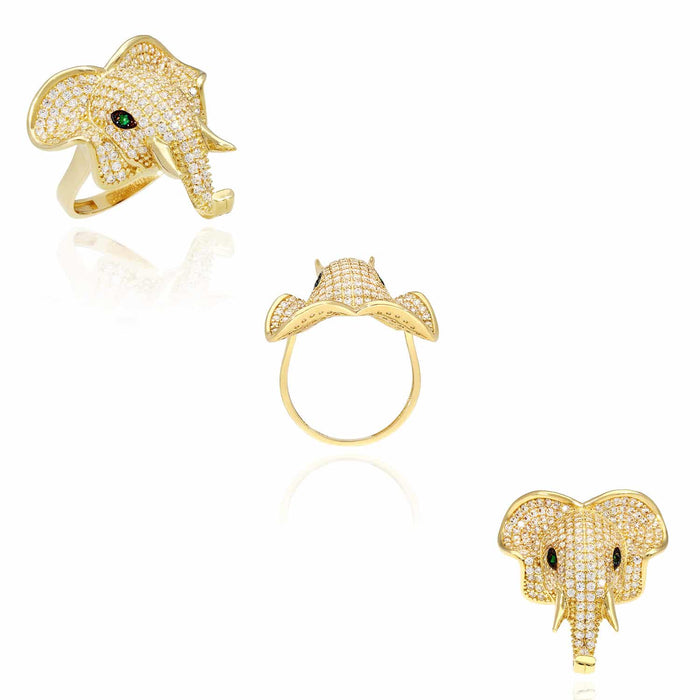 14K Yellow Gold CZ Pave Emerald Elephant Head Cocktail Ring