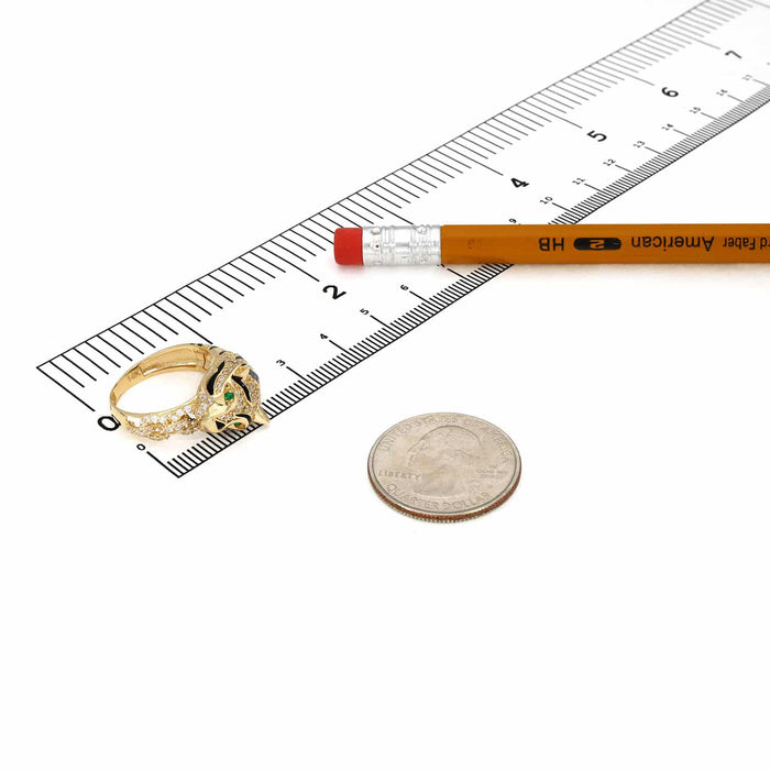 14K Yellow Gold CZ And Emerald Black Enamel 3D Tiger Ring Band