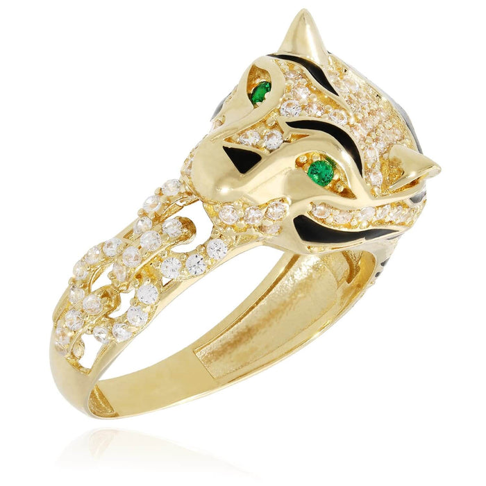 14K Yellow Gold CZ And Emerald Black Enamel 3D Tiger Ring Band