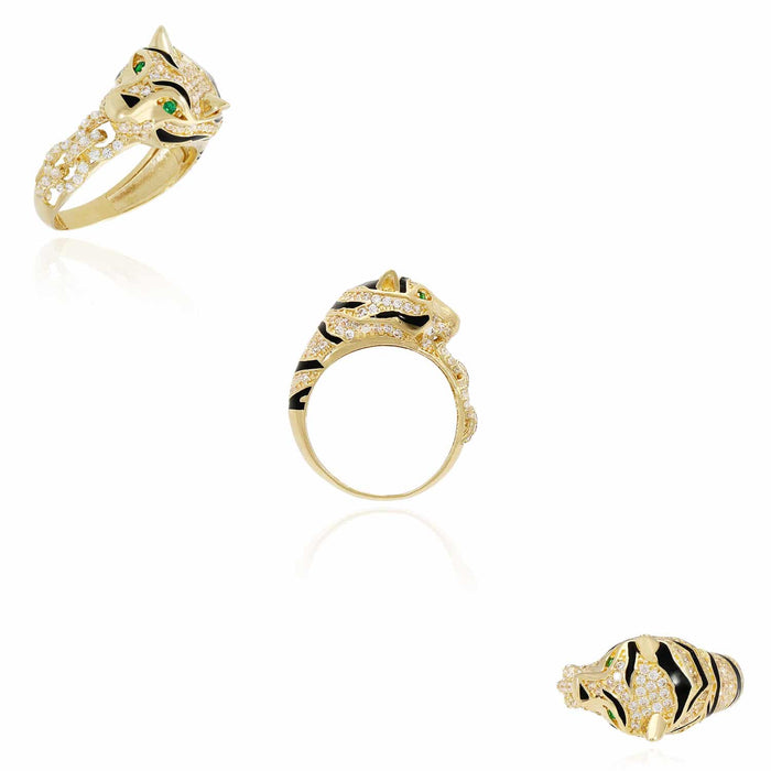 14K Yellow Gold CZ And Emerald Black Enamel 3D Tiger Ring Band