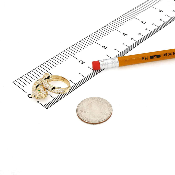 14K Yellow Gold CZ Pave Emerald Eye Black Enamel 3D Tiger Ring