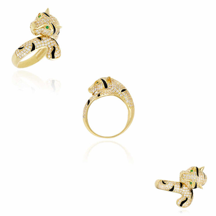 14K Yellow Gold CZ Pave Emerald Eye Black Enamel 3D Tiger Ring