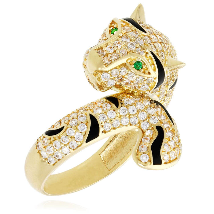 14K Yellow Gold CZ Pave Emerald Eye Black Enamel 3D Tiger Ring