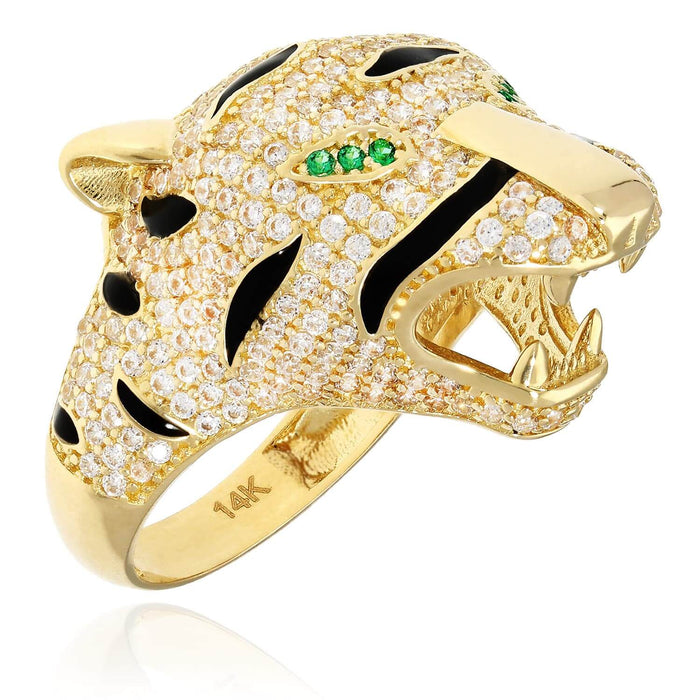 14K Yellow Gold CZ Pave Emerald Eye 3D Tiger Head Ring