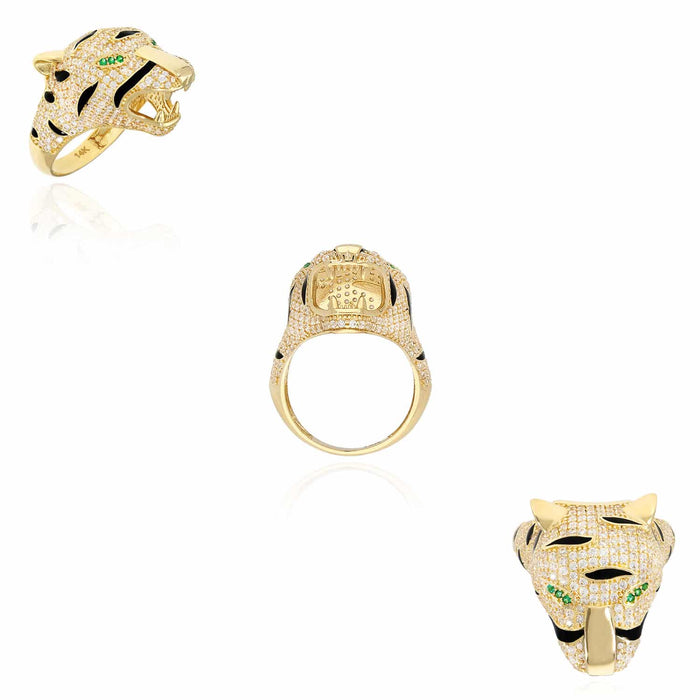 14K Yellow Gold CZ Pave Emerald Eye 3D Tiger Head Ring
